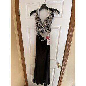 NWT! Black RACHEL ALLAN DRESS 2-Piece beaded V neck cold shoulder open back